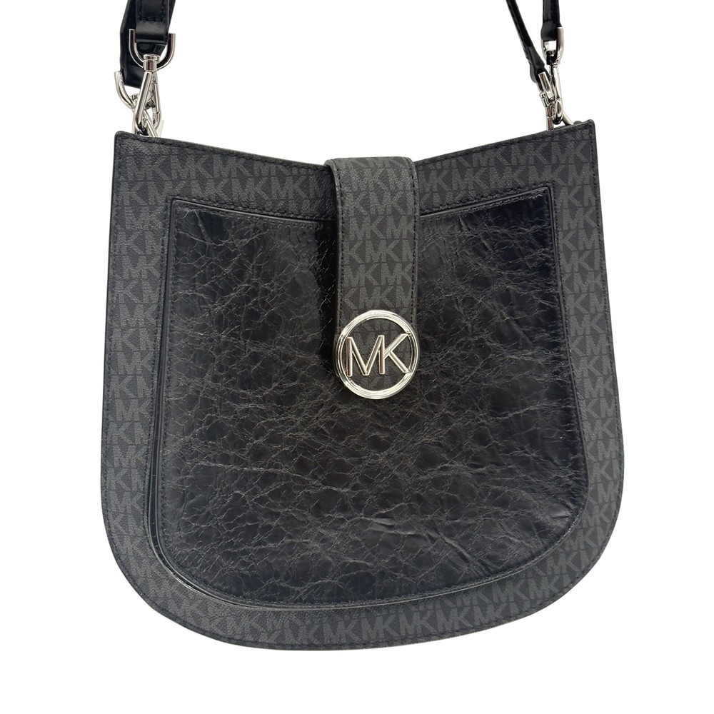 Michael Kors Crossbody Bag Crinkled Leather Lillie Logo Black Large